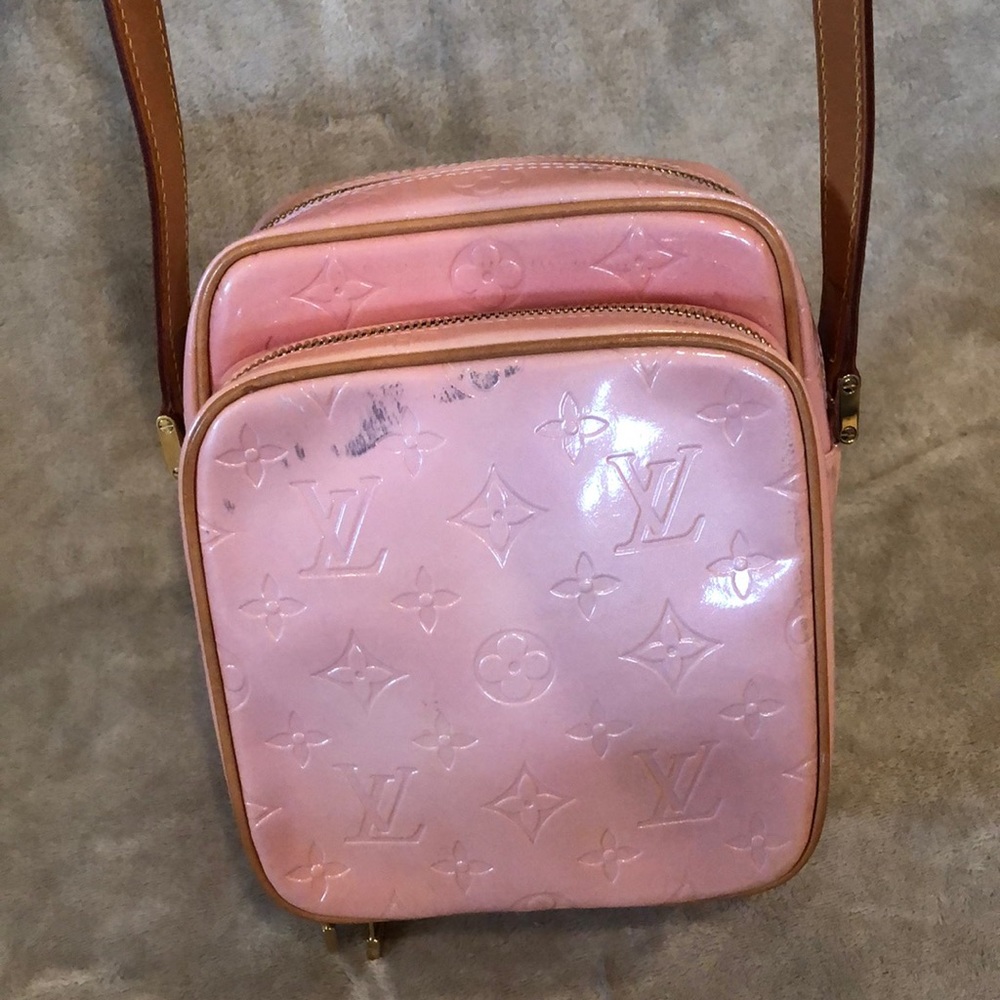 Pink patent leather Louis Vuitton satchel